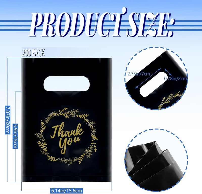 BadenBach 200 Pack Small Thank You Bags, 8" x 6", Black Plastic Shopping Bag Bulk Cute Retail Thank You Gift Bags Goodie Bag for Small Business Boutique Wedding Birthday Baby Shower Festival - Image 2